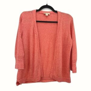 Appleseed's Linen Cotton Crochet-Trim Cardigan, Medium‎ Papaya Color Open Front